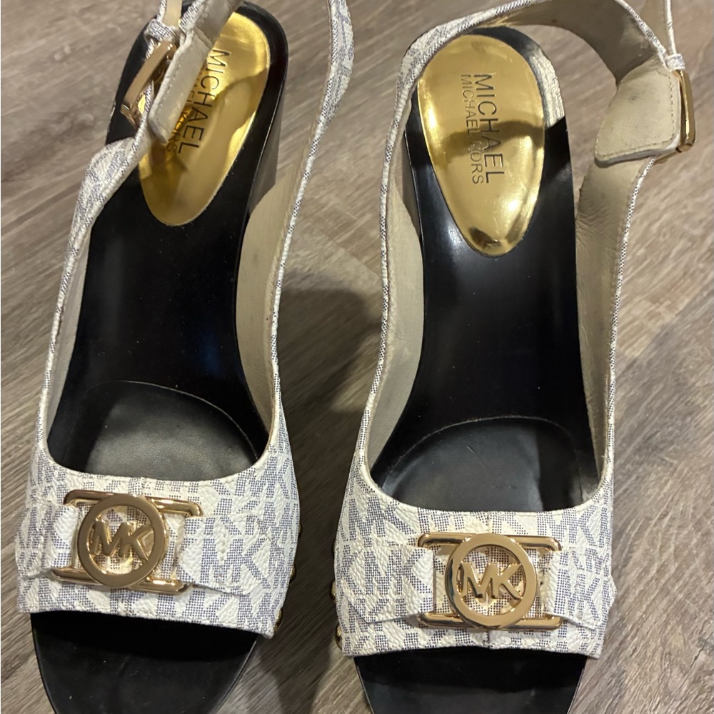 Michael Kors Cream Logo Slingback Heels with Gold MK Accent